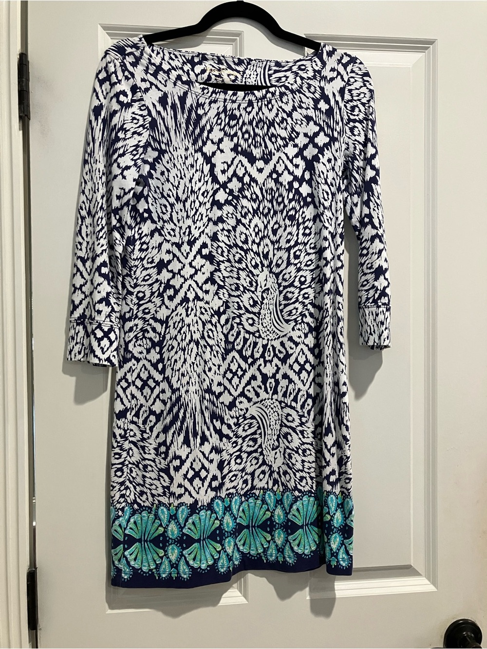Lilly Pulitzer Navy & White Patterned Midi Dress with Teal Border